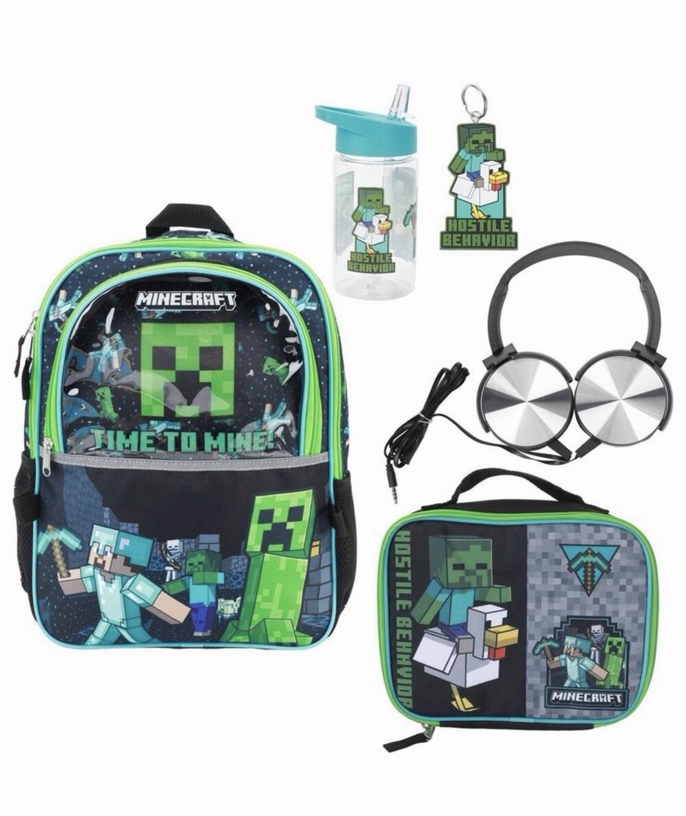 Minecraft Boys 17" 5-Piece Backpack Set with Headphones, Lunchbox, Water Bottle